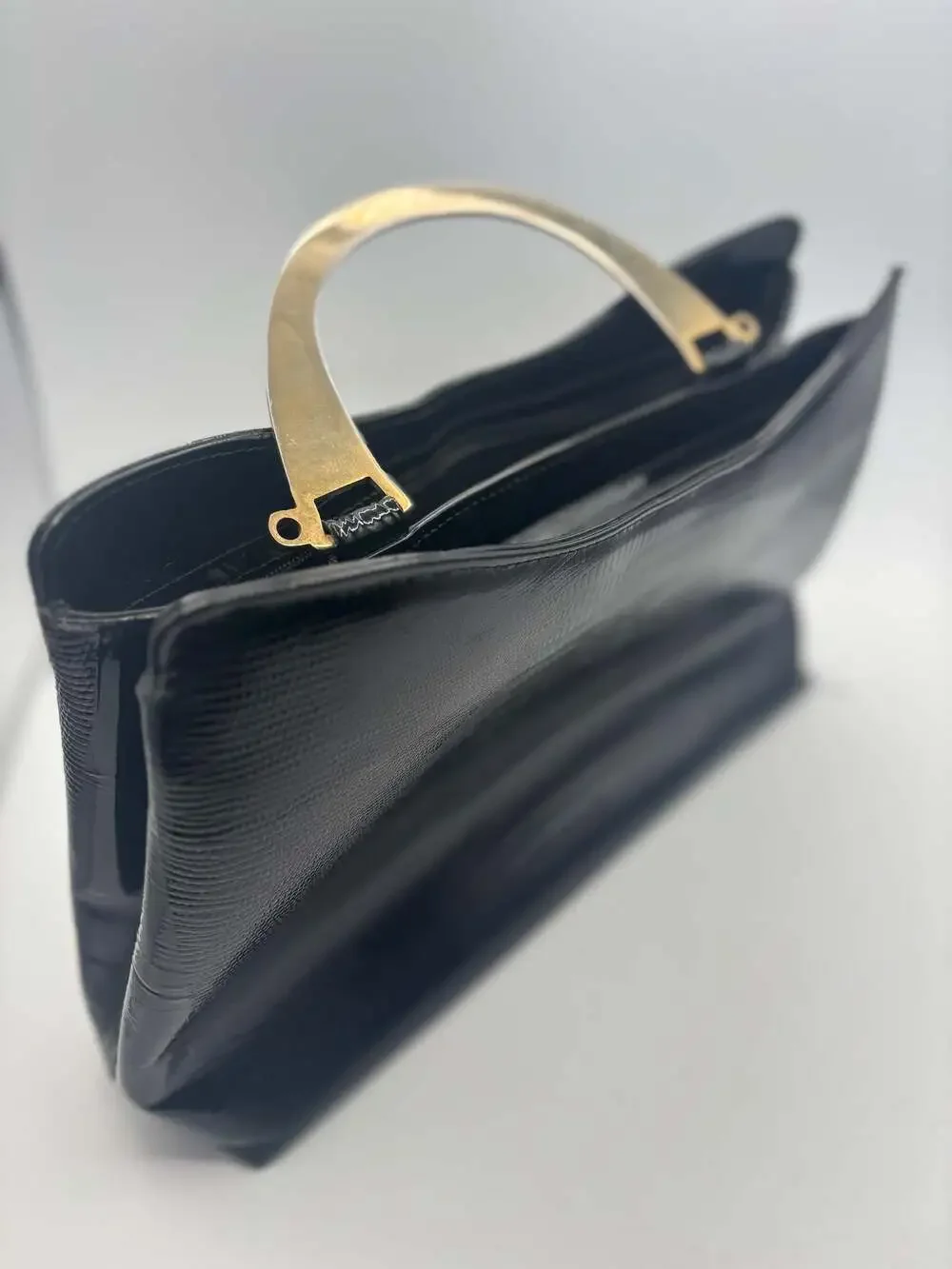Vintage H.B. Black Patent Faux Reptile Handbag with Gold Metal Handle - 80s